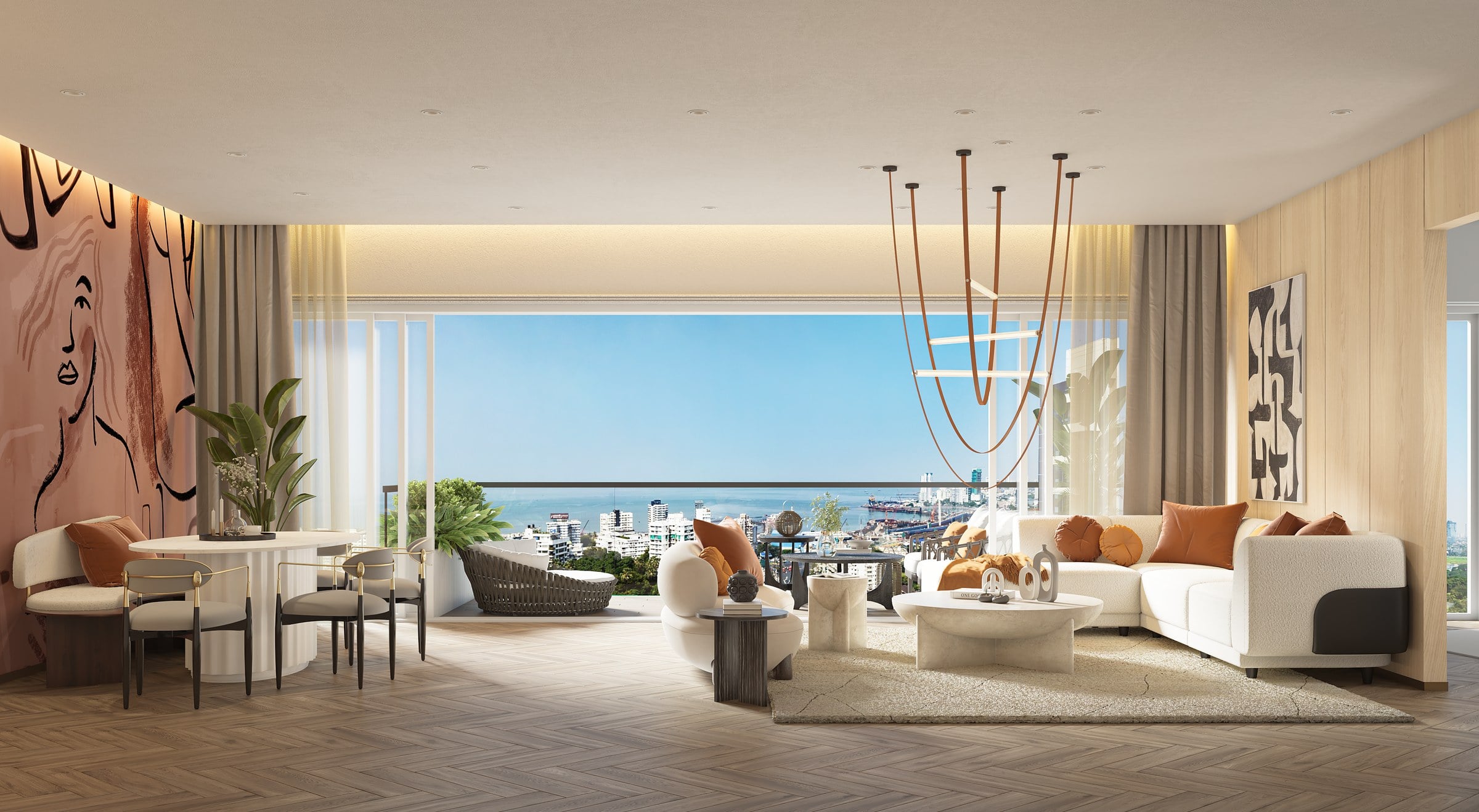 Artist's impression of a living and dining room with city views at The Imperial i, Tardeo
