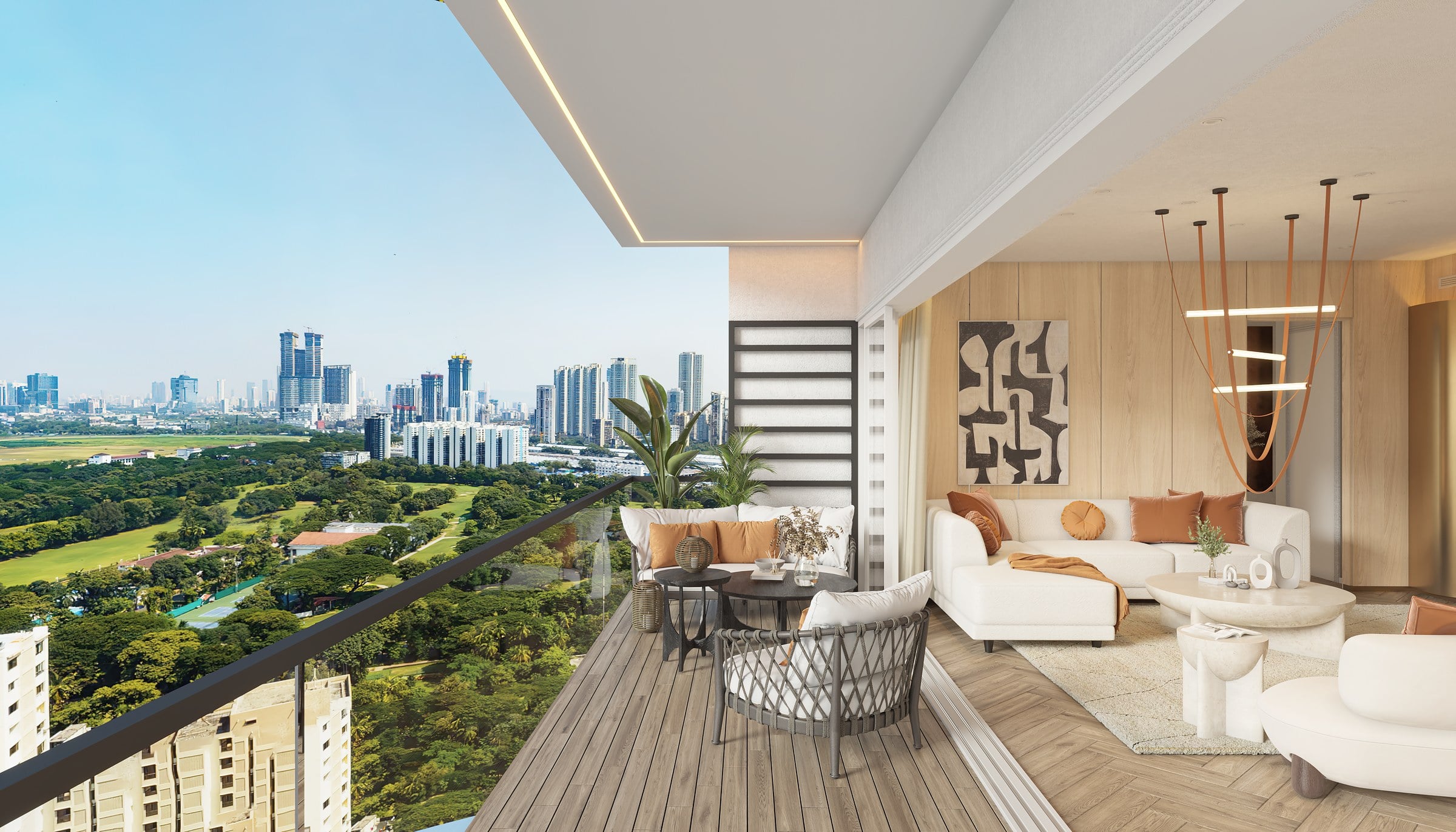Artist's impression of a deck and living room with skyline views at The Imperial i