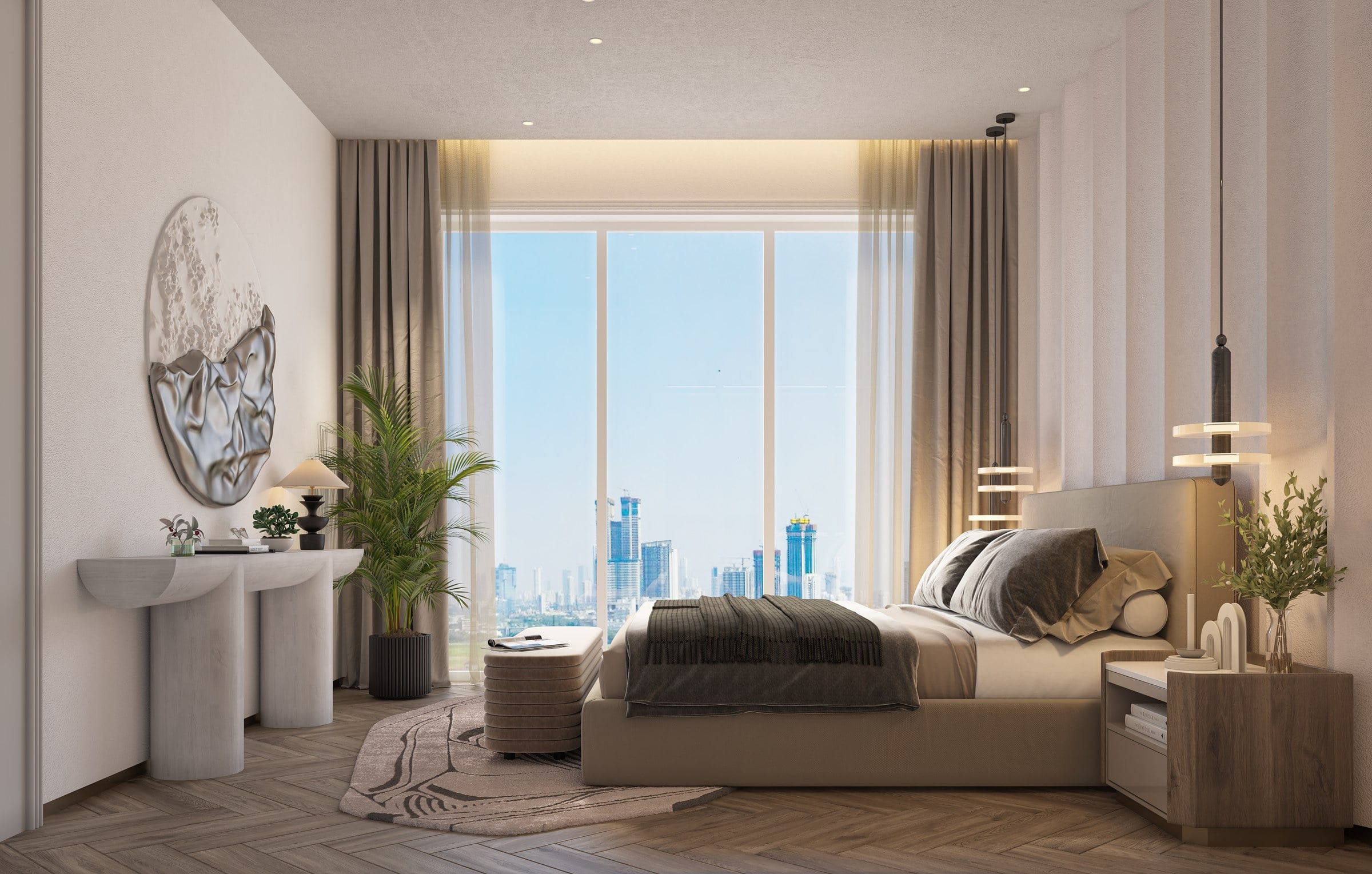 Artist's impression of a bedroom with floor-to-ceiling windows at The Imperial i